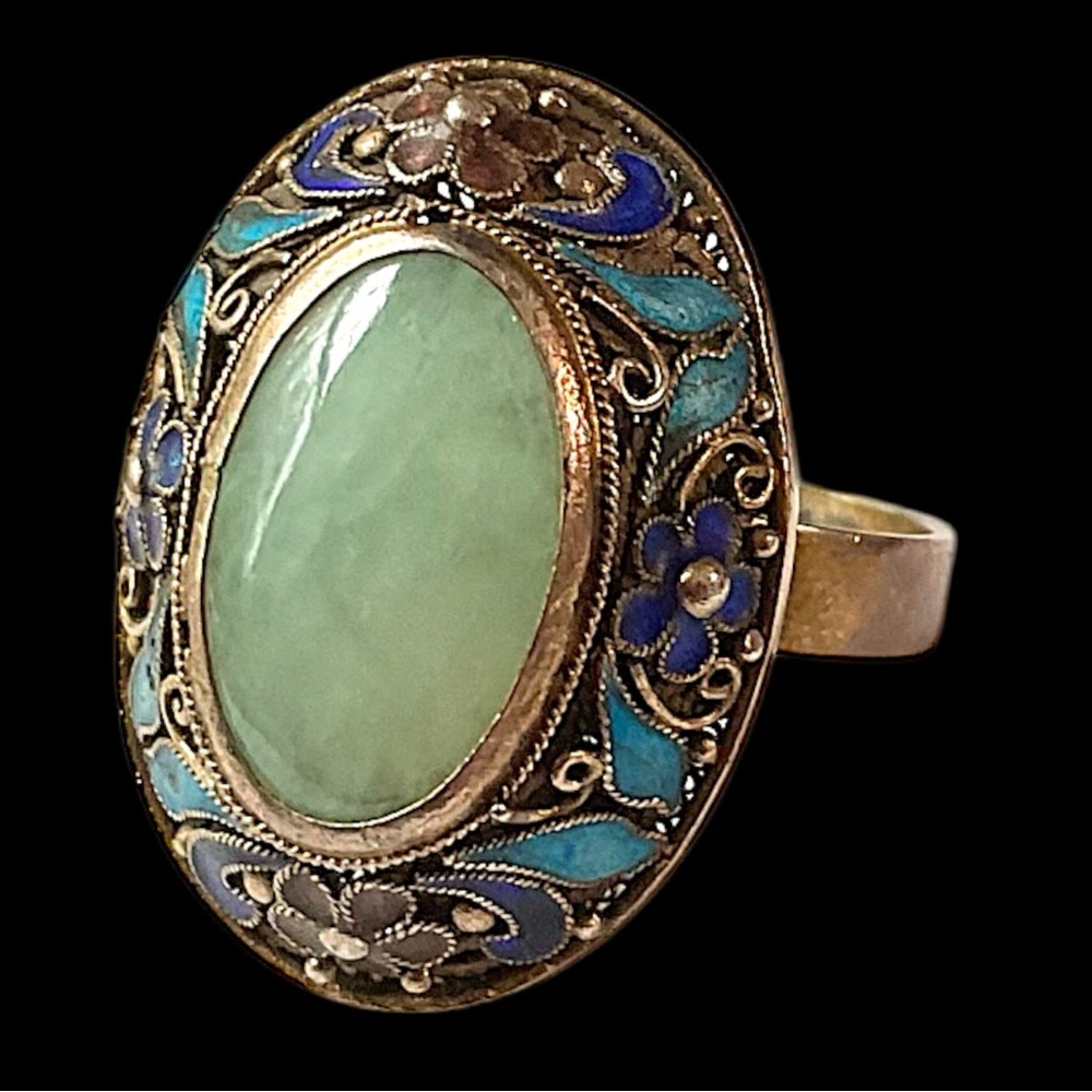 Vintage Chinese Export Jade Enamel Floral Adjustable Ring